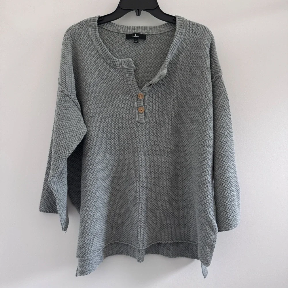 Lulus Sweater Henley Waffle Knit Womens Small Gray Oversized Boho